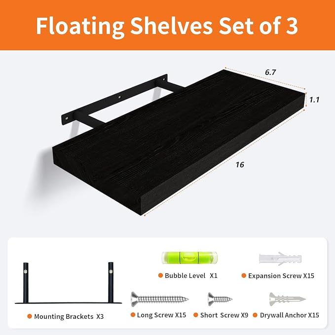 Floating Shelves for Wall Set of 3, 16 Inch Black Floating Shelves Bedroom | Smooth Black Finish, Engineered Wood Structure, Full Mount Hardware, Multi-scene Wall Storage - Image 3
