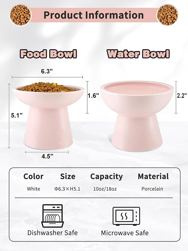 LoeJan Elevated Cat Food and Water Bowls Set, Pink - Raised Ceramic Anti-Vomit Whisker-Free Feeder for Kittens to Adult Cats - Image 2