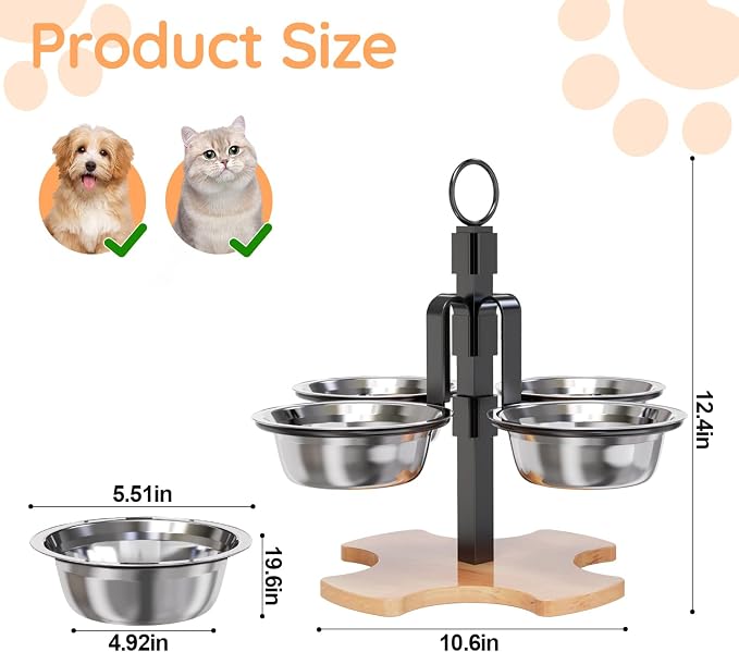 Adjustable Elevated Cat Bowls with Stand, Raised Food & Water Bowl Set | 3 Height Adjustable 4 Stainless Steel Bowls Pet Dishes for Indoor Cats Small Dogs, Non-Slip Feeding Station with Anti-Spill - Image 6