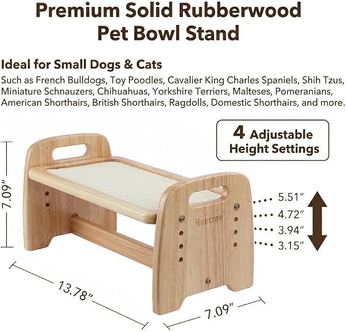 Haotree 4-Level Adjustable Elevated Dog Bowl Stand, Premium Solid Rubberwood Pet Feeding Station with Carry Handles & Anti-Slip Feet for Small Dogs & Cats, Furniture-Style Pet Feeder, Stand Only - Image 2
