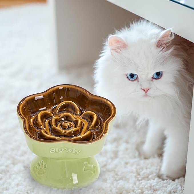 S&Q's CERAMICS Raised Slow Feeder Cat Bowl, Ceramic Elevated Cute Pet Food Bowl Small Dogs Slow Feeder, Flower Shaped Cute Cat Dish for Dry and Wet Food (Brown, 5.8") - Image 6