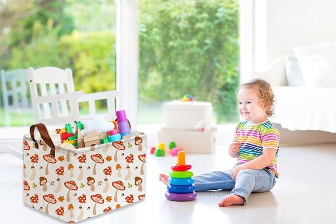 Sanjiaofeng Rectangular Kids Basket Cute Storage Bins,Mushroom Storage Basket with Handles.Clothers,Books,Kid's Gifts Bins. (Mushroom) - Image 5