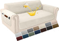 Velvet 100% Waterproof Loveseat Covers Washable Love Seat Couch Covers for 2 Cushion Couch Sofa Pet Friendly Sofa Slipcovers Dogs Furniture Protector with Pockets (Medium-XL, Light Beige) by YUEVELLASofaCover