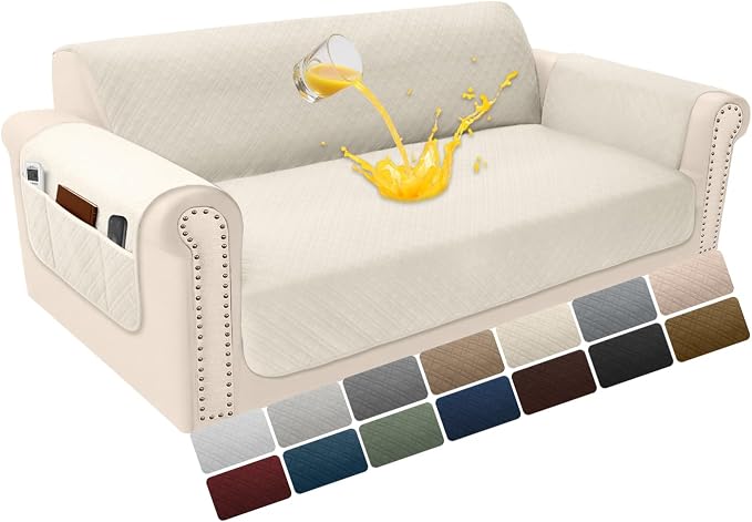 Velvet 100% Waterproof Loveseat Covers Washable Love Seat Couch Covers for 2 Cushion Couch Sofa Pet Friendly Sofa Slipcovers Dogs Furniture Protector with Pockets (Medium-XL, Light Beige) by YUEVELLASofaCover
