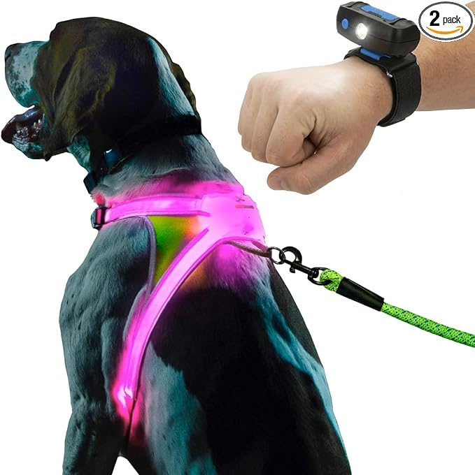 noxgear LightHound Light Up Reflective Dog Harness and Wrist Light, X-Large | 360° Light Up Reflective Dog Harness, 8 Colors & 6 Modes, USB Rechargeable, Adjustable, Rainproof, LED Fiber Optic by Noxgear