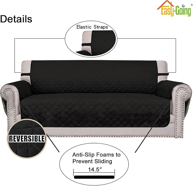 Easy-Going Chair Sofa Slipcover Reversible Sofa Cover Water Resistant Couch Cover Furniture Protector Cover with Elastic Straps for Pets Kids Children Dog Cat (Chair, Black/Black) | Machine Washable Slipcover For Dogs, Water Resistant Furniture Mat For... - Image 3