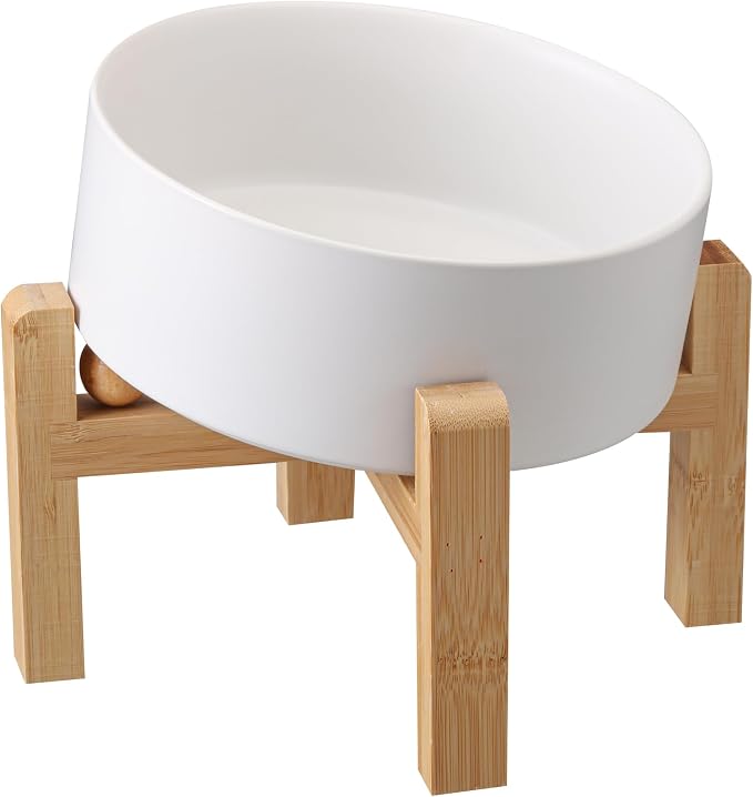 White Elevated/Raised 15°Tilted Anti Slip Ceramic Dog Bowl for Small/Medium Breeds,Slanted Bulldog Big Face Pet Food Water Feeding Dish with Stand for Cats and Dogs (3.6 Cups/28 OZ) by DJJJOOYSCeramicDogBowl