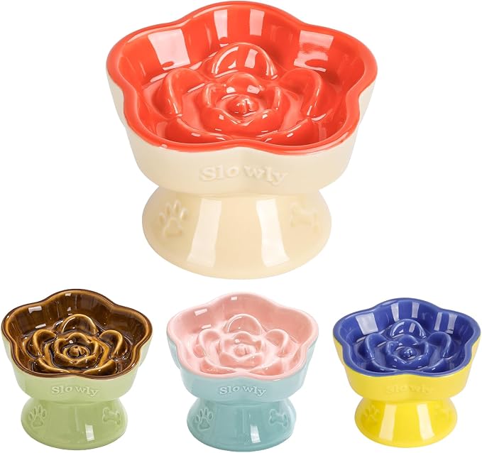 S&Q's CERAMICS Raised Slow Feeder Cat Bowl, Ceramic Glass Elevated Pet Food Bowl Small Dogs Slow Feeder, Flower Shaped Cute Dish for Dry and Wet Food (Orange, 5.8") by SQsCeramics