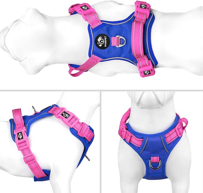 No Pull Dog Harness, Unique Colors Reflective Adjustable Dog Vest | with Soft Training Handle Metal Clips for Small Medium Large Dogs (Royal Blue Base & Pink Straps,XL) - Image 2