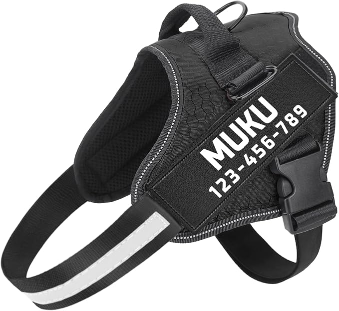 MUMUPET Custom Dog Harness Vest with 2 Personalized Name & Phone Patches | No Pull Reflective Adjustable with Handle, Soft Breathable Padding for Medium Dogs (Black, M) by mumupet