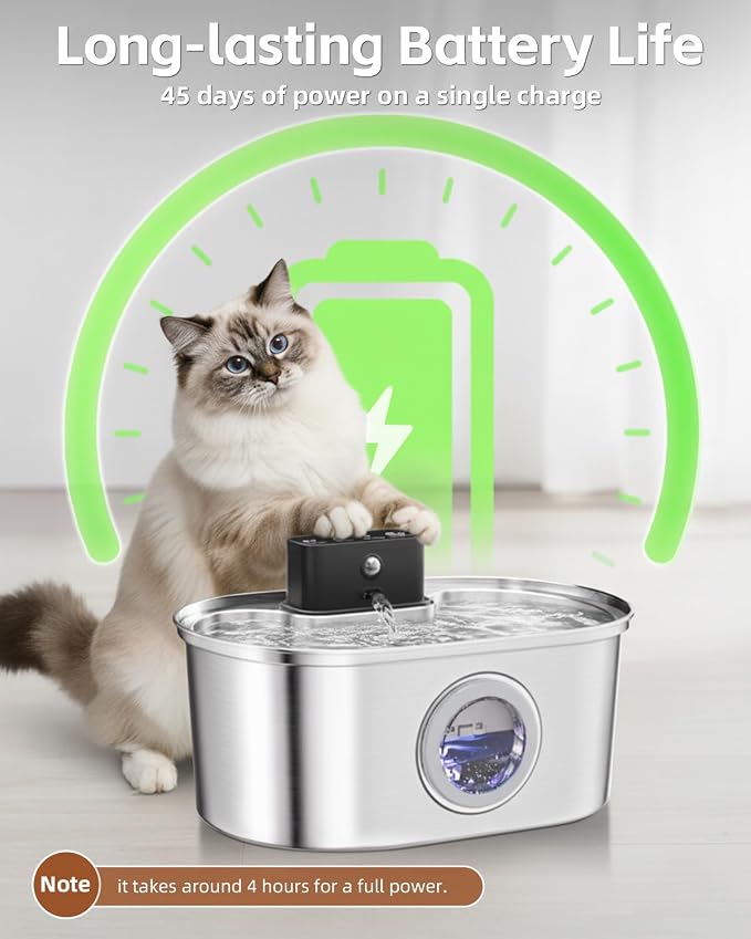 Cordless 3.2L/108oz Stainless Steel Cat Water Fountain Pet Fountain | Rechargeable Pet Water Dispenser - Motion Sensor Activation - Multi-Layer Filtration - Ultra-Quiet Pump (4 Filters) - Image 8