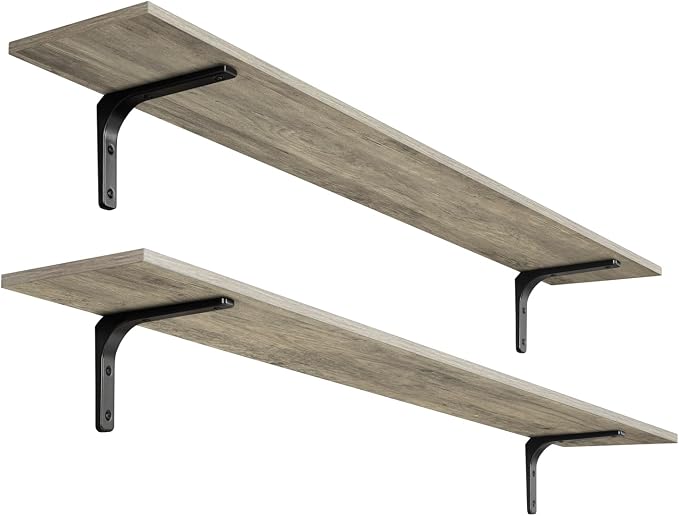 Long Wall Shelves, 55.1Inch Wooden Wall Mounted Shelves, Set of 2 | Large Floating Book Shelf with Metal Bracket, Easy Assembly, Max Load 33lbs, Wall Storage Ledges, Bedroom/Bathroom, Gray Wash by DINZILVJ