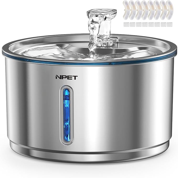 NPET Stainless Steel Cat Water Fountain, 1Gallon/135oz, Set | Automatic Pet Drinking Fountain, Dog Water Dispenser, 8 Replacement Filters, For Cats Indoor by NPET