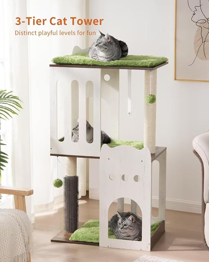 43.7in 3-Tier Modern Cat Tree Tower Condo, Cat Scratch Posts for Indoor Cats, Big Plate, Two 19.7in Full Sisal Scratching Posts, White - Image 2