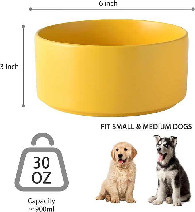 Ceramic Set of 2 Dog Bowls - Classic Dogs Food & Water Bowl for Small and Medium Breed, Heavy-Duty Non-Slip Dog Dishes, Food Grade Pet Bowl, Dishwasher & Microwave Safe (6'', 2*30OZ, Yellow) - Image 3