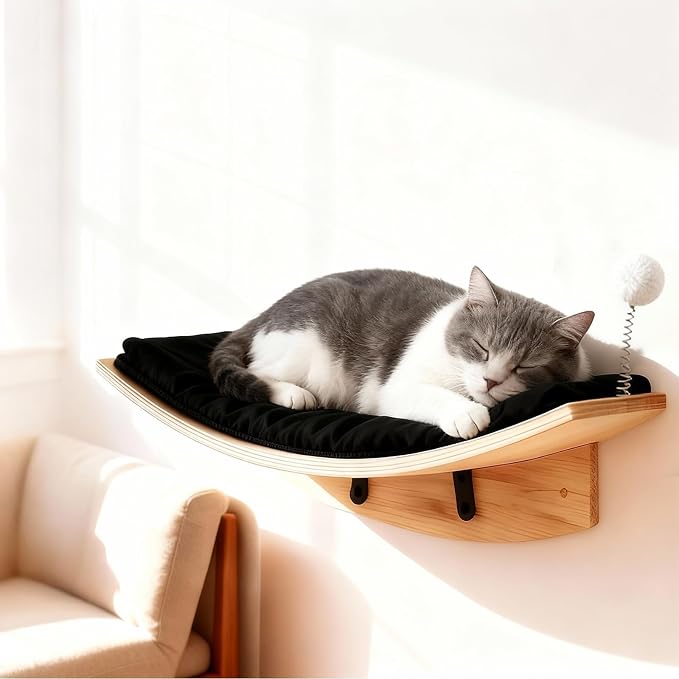 Wooden Cat Wall Shelves and Perches, 5 Piece Wall Mounted Cat Furniture System with Soft Washable Pads, Modern & Space-Saving Design for Climbing and Play - Image 4