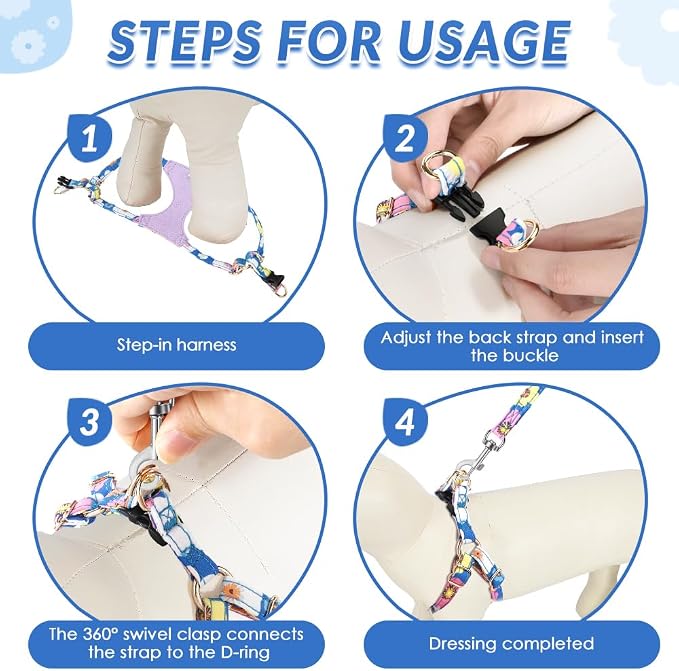 SlowTon No Pull Dog Harness with Leash for Small Medium Dogs, Blue S | Floral Pattern, Step-in, Lightweight, Easy Put On and Off, No Choke, Soft Cotton and Suede for Daily Walking - Image 6