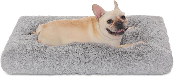 Bedfolks Waterproof Dog Crate Bed, Plush Dog Pad, 29"x21", Solid Light Grey | Faux Fur Plush Cover, Zippered Removable Washable Outer, Waterproof Inner Lining, Non-Slip Base, Crate Pad and Dog Pillow by Bedfolks