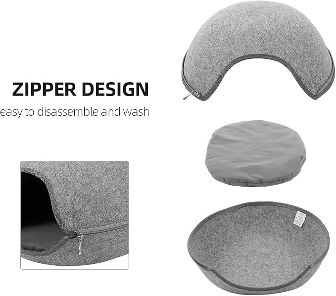 Felt Cat Cave Bed with Removable Cover, Cozy Pet Shelter for Indoor Cats, Zippered Washable Cat House with Roomy Interior (Light Gray, for Cats Under 15 lbs, Round Dome Cat Bed) | Zippered Washable Cat House with Roomy Interior, Warm Kitty Hideaway for... - Image 3