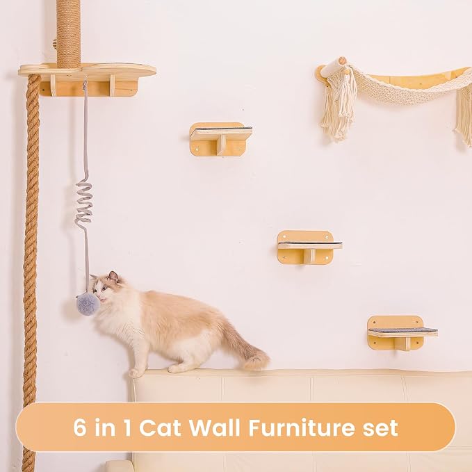 Cat Wall Shelves, Large Wall-Mounted 6-in-1 cat Furniture Set (Climbing Rope+Sisal Scratching Post+Macrame Resting Hammock+Interactive Toys Ball+Feeding Bowls Station+3 Wall Steps) for Indoor Kitties - Image 2