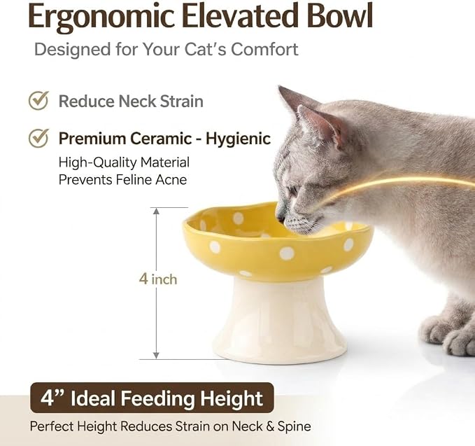 Elevated Ceramic Cat Bowls Set of 4, Mushroom Raised Wide & Shallow Cat Food and Water Bowls, Whisker Friendly Feeding Bowls for Cats & Small Dogs (Red+Yellow+Blue+Green) - Image 3