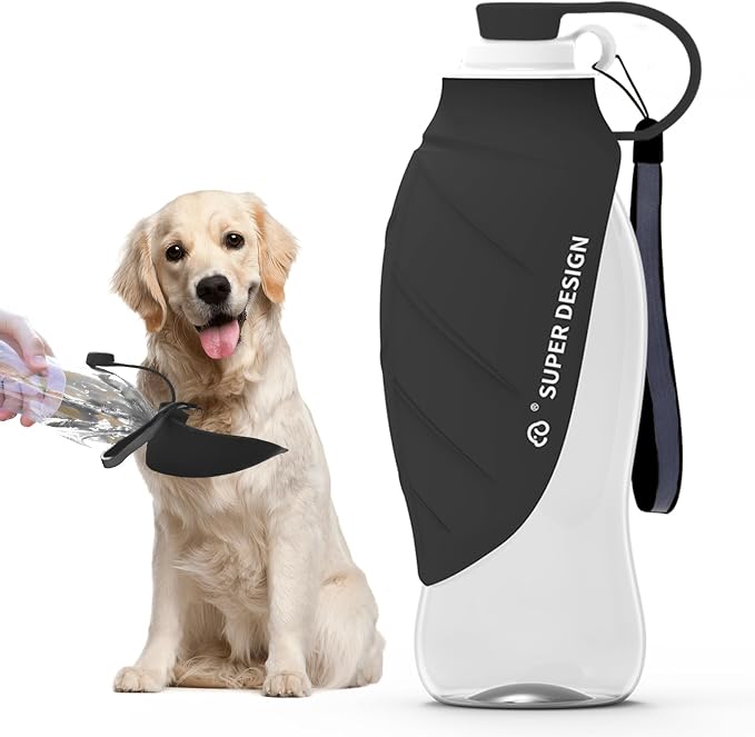 SUPERDESIGN Dog Water Bottle, Portable Dog Water Bottle for Small to Large Dogs, Leak Proof Dog Travel Water Bottle, Small Leaf Travel Water Bowl for Dogs and Dog Walking Accessories (19.6OZ, Black) by SUPERDESIGN