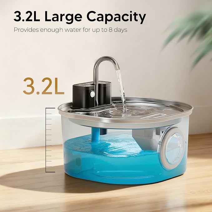 Voluas Stainless Steel Cat Water Fountain, Wireless, 108oz/3.2L, 1 Filter | Cordless Design, Ultra-Quiet Pump, Easy to Clean, BPA-Free - Image 2
