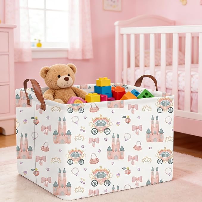 Rectangular Princess Castle Basket,Collapsible girl storage box,Pink Basket,Gift Organizer,Girl Room Decor,Books Box(Princess) - Image 5