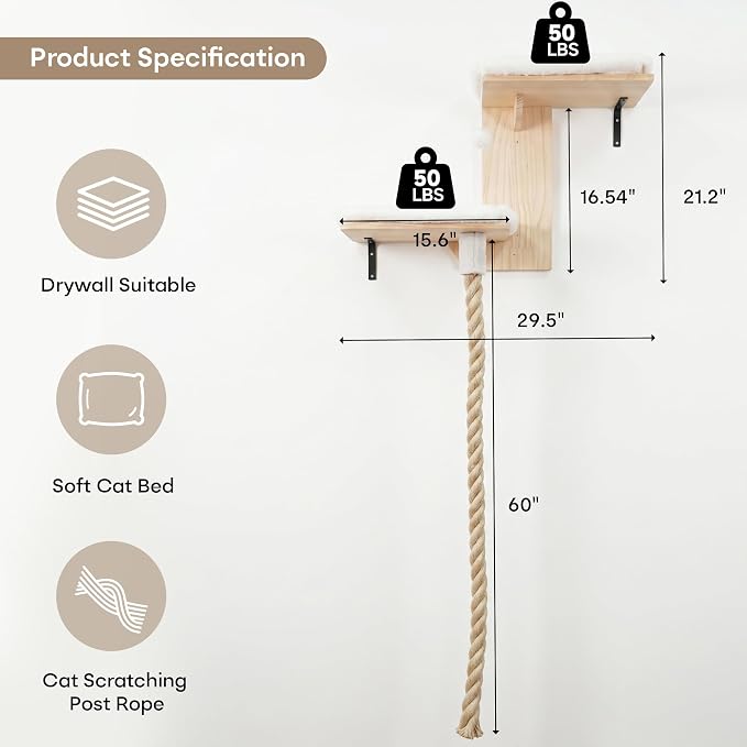 Cat Wall Shelves, 2 Beds with 4.92 ft Cat Scratching Post Rope | Tree Shape Cat Wall Furniture Set, Kitten Floating Shelf with Soft Cushion Perch, Solid Wood Cat Perch for Climb, Play, Nap - Image 4