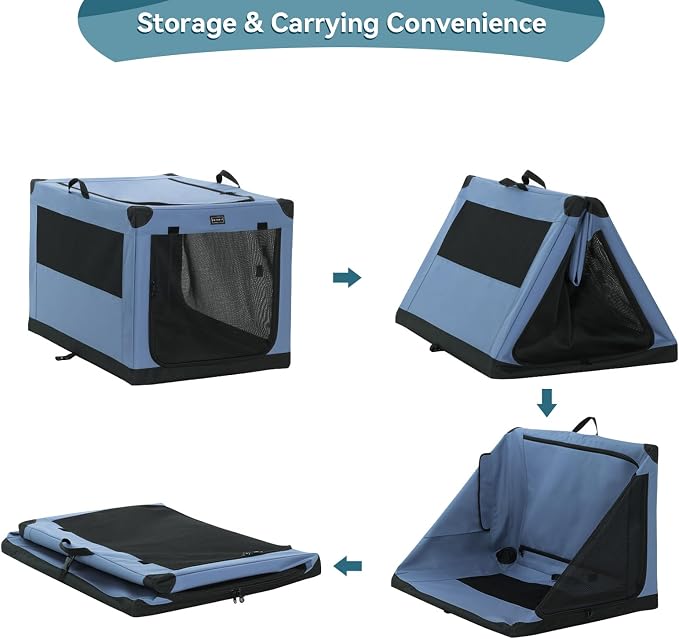 PETSFIT 36" Soft Portable Dog Crate – Patented Spiral Sturdy Frame, Collapsible Travel Kennel for Medium & Large Dogs, 3 Mesh Door, Lockable Zippers, Indoor & Car Use Blue - Image 6