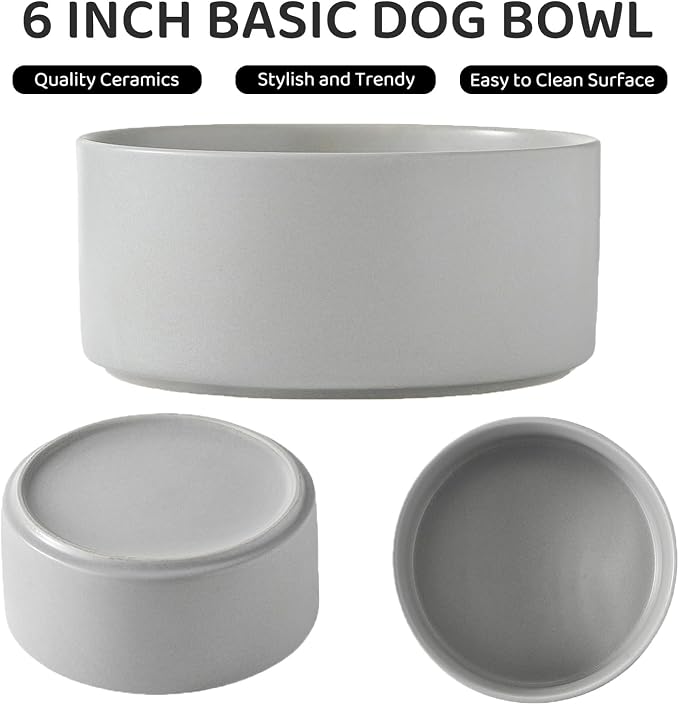 Raised Ceramic Dog Bowl Set - Elevated Dog Bowls with Non Slip Bamboo Stand, Food and Water Bowl Set for Small and Medium Breed Dogs, Pet Bowls, Weighted Dogs Dishes (6'', 2 * 30OZ, Grey) - Image 2