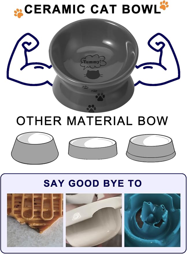 Y YHY Raised Cat Food Bowl, Ceramic Elevated Bowl, Protects Cat's Spine, Anti Vomiting, Backflow Prevention, Grey - Image 4