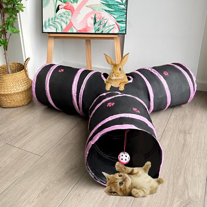 3-Way Collapsible Cat Tunnel Tube Toy Black Pink Paws | Interactive Play Tunnel by Hanging Ball & Peek Hole for Indoor Cats, Kittens, Puppies, Rabbits, Hours of Fun & Exercise by Mabaytir