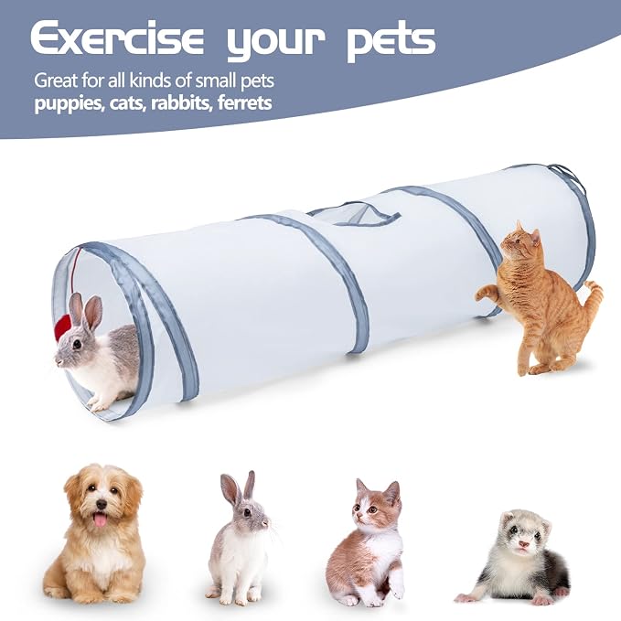 Sheldamy Cat Tunnel, 2-Way Cat Tunnels for Indoor Cats, Collapsible Cat Play Tunnel, Interactive Toy Maze Cat House with 1 Play Ball for Cats, Puppy, Kitty, Kitten, Rabbit (White & Grey) - Image 5