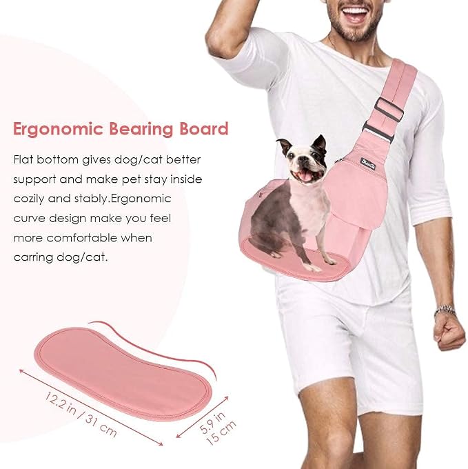 SlowTon Pet Carrier, Hard Bottom Support & Adjustable Padded Shoulder Strap | Dog Sling Carrier, Dog Purse with Drawstring Opening & Safety Belt, Zipper Pocket, for Small Puppy Cat up to 9lbs, Peach - Image 5