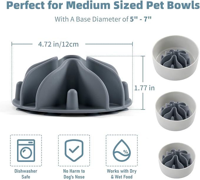 Jaoul Slow Feeder Dog Bowls Insert, Puzzle Slow Feeder Insert with 30 Octopus Suction Cups for Small Medium Large Size Dog Food Bowl (4.72 inch, Grey) - Image 4