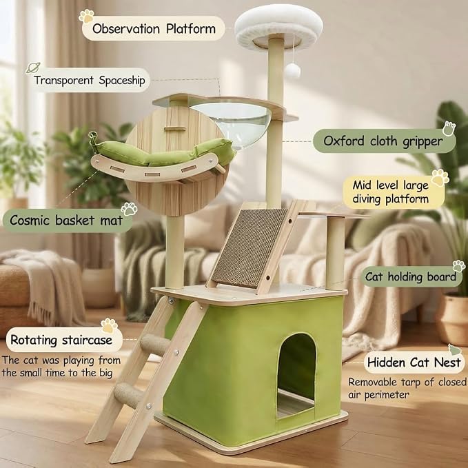 59.1-Inch-Green Cat Tree for Indoor Cats Large Adult, with Cat Condos,Cat Scratchers,Cat Hammock,Space Capsule, Plush Jumping Platform,Hanging Ball,Cat Trees for Indoor Cats(Green/Log Color) - Image 4