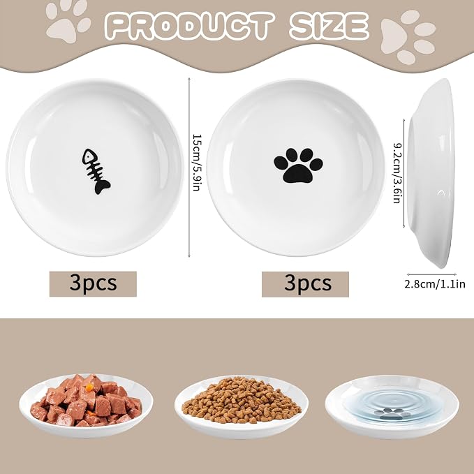 6 Pack Cat Food Bowl, Ceramic Cat Bowls, Anti Whisker Fatigue Cats Bowl Set | 5.5 Inches Shallow Wide Kitten Plates for Food and Water (White-A) - Image 2