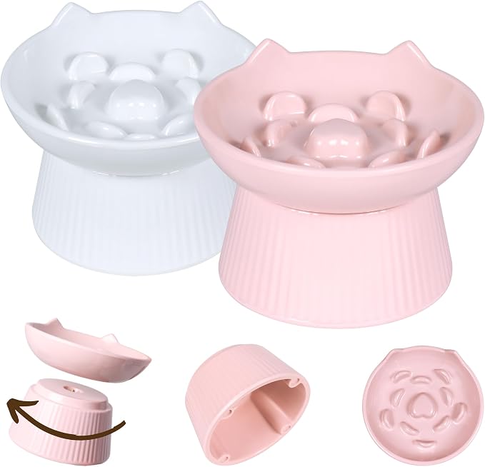 2 Pack Unbreakable Raised Slow Feeder Bowl for Cats and Small Dogs, Elevated Cat Bowls, Detachable Slow Feede Bowl, Heavy Weighted, Non-Slip Feeder, Dry & Wet Food (Pink + White, 6.2'') by FullCharm