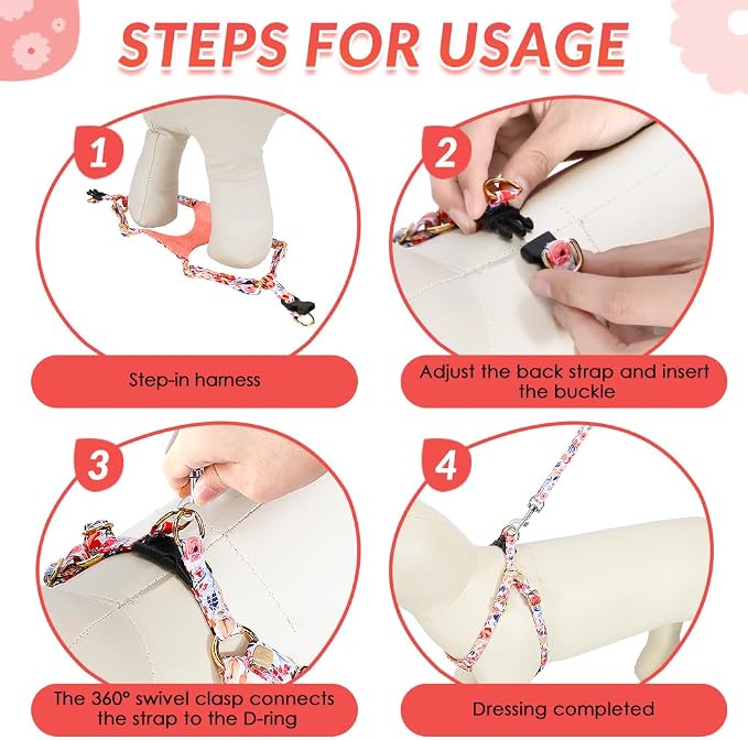 SlowTon No Pull Dog Harness with Leash for Small Medium Dogs, Flower XS | Floral Pattern, Step-in, Lightweight, Easy Put On and Off, No Choke, Soft Cotton and Suede for Daily Walking - Image 6