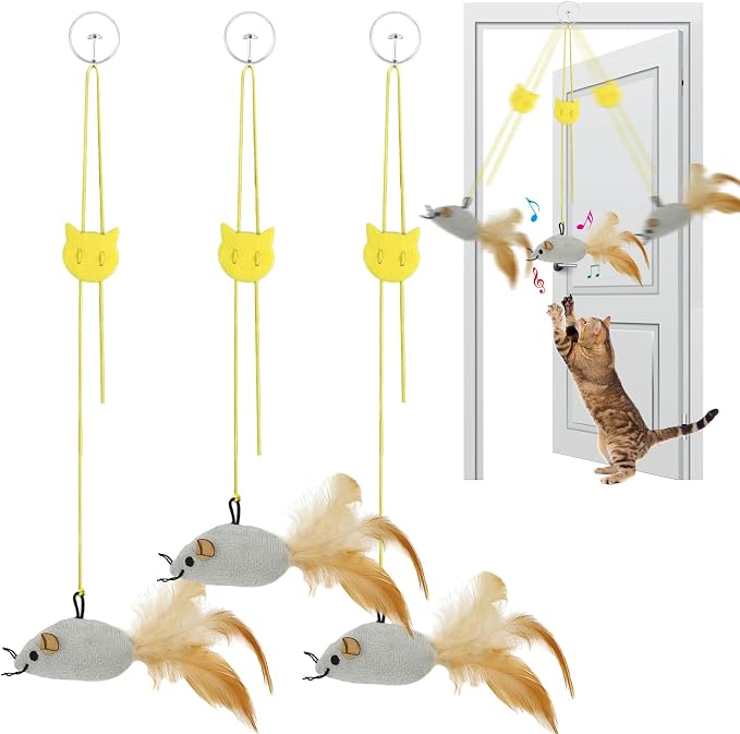 Tocirelo Hanging Cat Mouse Toy, Interactive Motion Activated Squeaky Mice | 3Pack Cat Toys with Catnip, Feathers for Indoor Cats Self Play, Kitten Kicker Door Frame Toy for Reducing Boredom and Hunting by Tocirelo