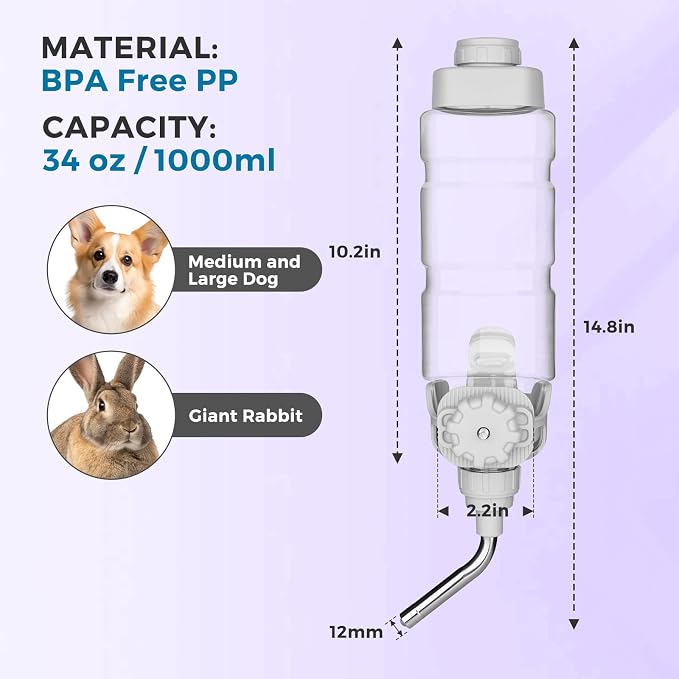 Vannon Rabbit Water Bottle for Cage, Top Fill 34oz Bunny Water Bottle No Drip Automatic Water Dispenser for Dog, Rabbit, Guinea Pig & Small Animals Hanging Cage Water Bottle (Pack of 3) - Image 4