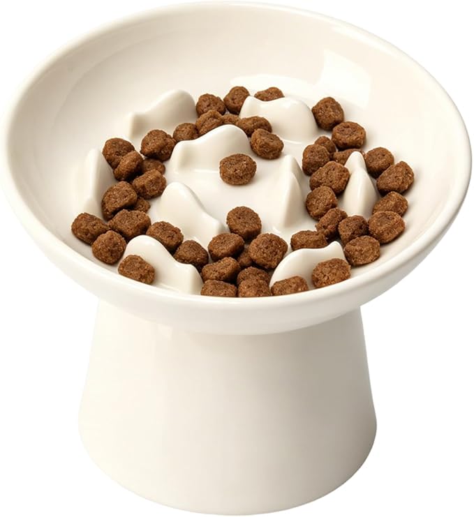 Cat Slow Feeder Bowl, Ceramic Elevated Cat Slow Feeder Bowl, Shallow Wide Opening Dish for Kitty, Anti Vomiting for Dry and Wet Food, Anti-Slip Design, White by Unknown