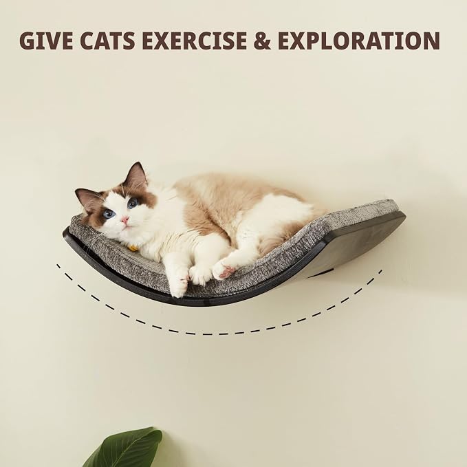 Cat Shelf with Comfortable Cushion - Curved Modern Cat Bed (Large Size) - Lotus Leaf Design Cats Wall Perch - Wall Mounted Cats Furniture for Sleeping, Playing, Climbing, and Lounging, Walnut - Image 2