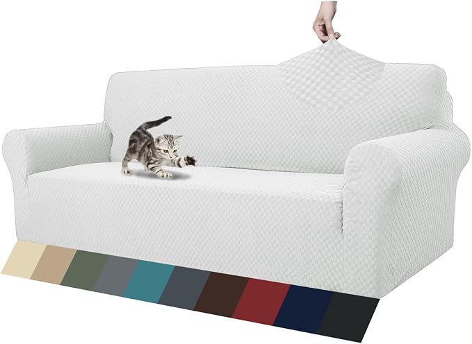 ZNSAYOTX 1 Piece Jacquard Couch Covers for 3 Cushion Couch Living Room High Stretch Sofa Cover Pets Dogs Friendly Anti Slip Thickened Slipcovers Furniture Protector (Large, White) by ZNSAYOTX