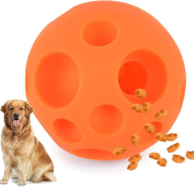 Evan Dog Toy Balls, 5 Inch Treat Tricky Ball Food Dispensing Toys Tricky Fun Interactive Dog Toy Food Dispenser Toy Puzzle Toy Ball Dog Chew Toys Ball for Large Medium Slow Feeder Dog Bowls（Orange） by VEEBELL