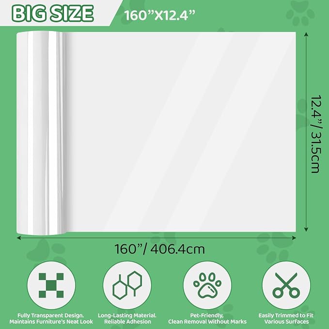 Cat and Dog Scratch Furniture Protector, 160" x 12.4" Transparent Self-Adhesive Cat Scratch Protector, Couch Corner Door Wall Bed Anti-Scratch Guard with Scraper - Image 2
