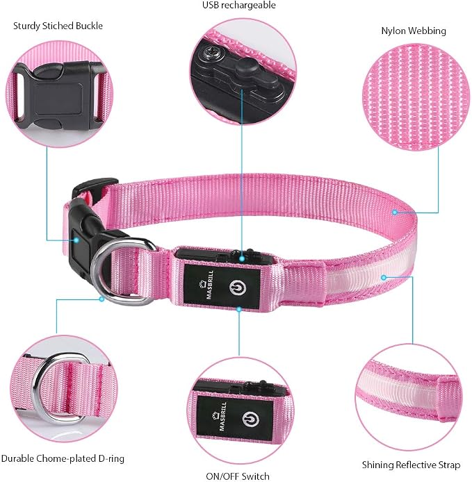 MASBRILL Light Up Dog Collar, LED Glow Collar with USB Rechargeable Lighted Bright Flashing Pink Dog Collar Waterproof for Small Medium Large Dogs, 4 Colors with 3 Sizes (S(0.98 * 15.75"), Pink) - Image 3