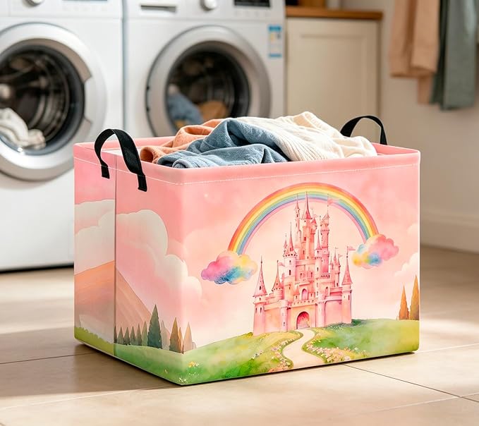 CLOCOR Rectangular Storage Basket Empty,Gift Basket,Waterproof Storage Bin with Handles,Room Decor(Pink Castle) - Image 3