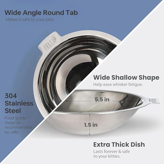 Felli Pet Oblik Whisker Fatigue Cat Food Bowl Raised Stainless Steel Shallow Dish, Pet Design Anti Vomit Tilted Metal Plate Feeder Elevated Acrylic Base (Shadow, 0.5 Cups Shallow Dish) - Image 6